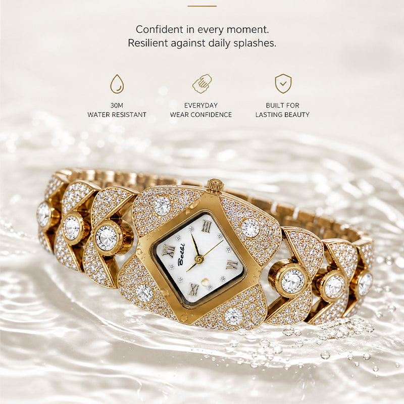 BELBI BL8113 Quartz Watch - Live Edition Women's Luxury Full IPG Gold Crystal Pavé Ornate Shield Case Mother-of-Pearl Dial Jewelry Bracelet Wristwatch