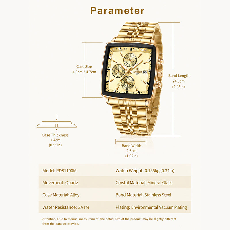 REWARD RD 81100M Quartz Watch - Live Edition Men's Luxury Rectangular Cushion Case Full Chronograph Luminous Hands Date Window Stainless Steel Band Wristwatch