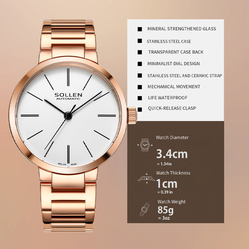 Sollen SL409 Women's Minimalist Automatic Mechanical Watch - 34mm Crystal Bezel Sandblasted Dial Stainless Steel Bracelet Wristwatch