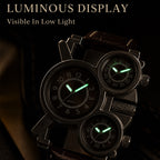 Oulm HP1167 Quartz Watch - Live Edition Men's Heavy Steampunk Triple Time Zone Industrial Silver Case Luminous Hands Leather Strap Tactical Wristwatch