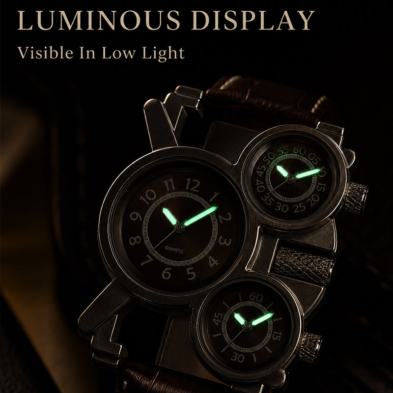 Oulm HP1167 Quartz Watch - Live Edition Men's Heavy Steampunk Triple Time Zone Industrial Silver Case Luminous Hands Leather Strap Tactical Wristwatch