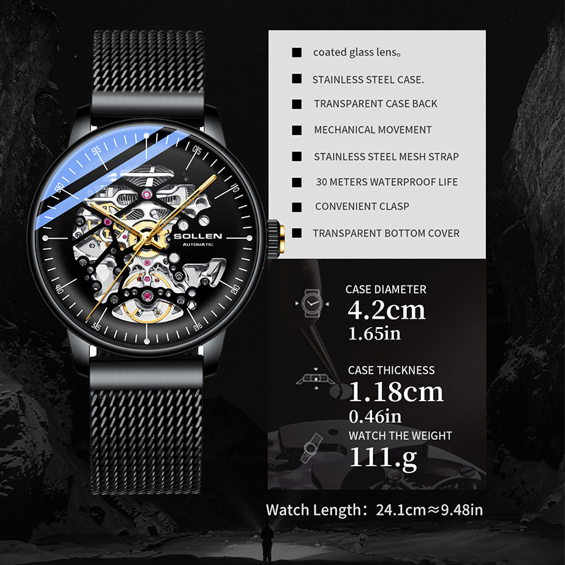 Sollen SL202 Men's Full Skeleton Automatic Mechanical Watch - 42mm Stainless Steel Case Frosted Open Dial Luminous Hands Wristwatch