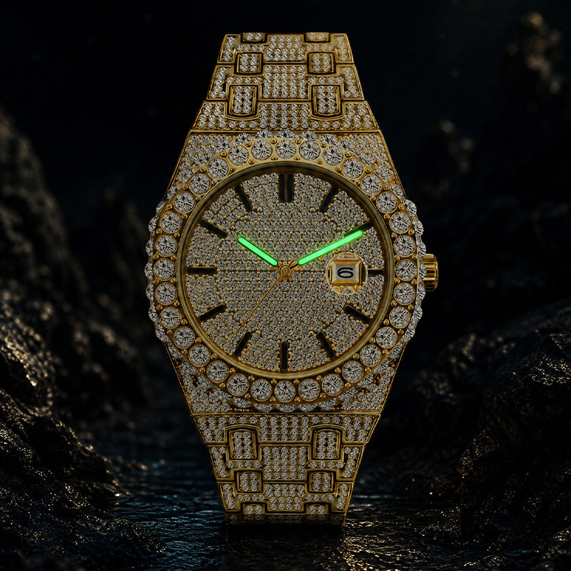 PRECIOUS 8243 Live Edition Men's Iced Out Watch - Luxury Large Crystal Bezel Pave Dial Date Window Metal Band Hiphop Sport Wristwatch