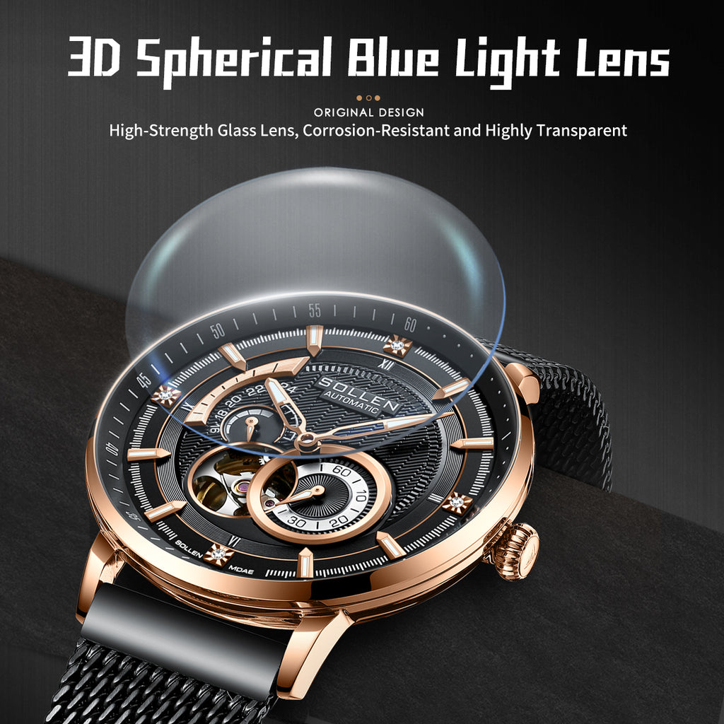Sollen SL356 Men's Real Diamond Open Heart Automatic Watch - 42mm Stainless Steel Case Slim 9.9mm Sapphire Crystal Miyota Movement Bracelet Wristwatch