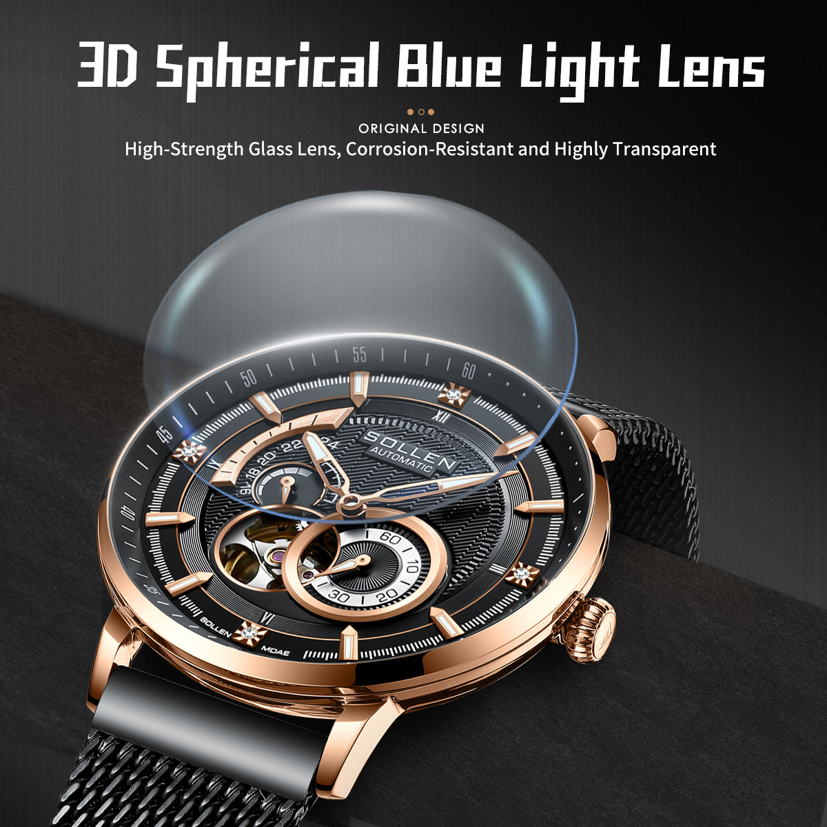 Sollen SL356 Men's Real Diamond Open Heart Automatic Watch - 42mm Stainless Steel Case Slim 9.9mm Sapphire Crystal Miyota Movement Bracelet Wristwatch
