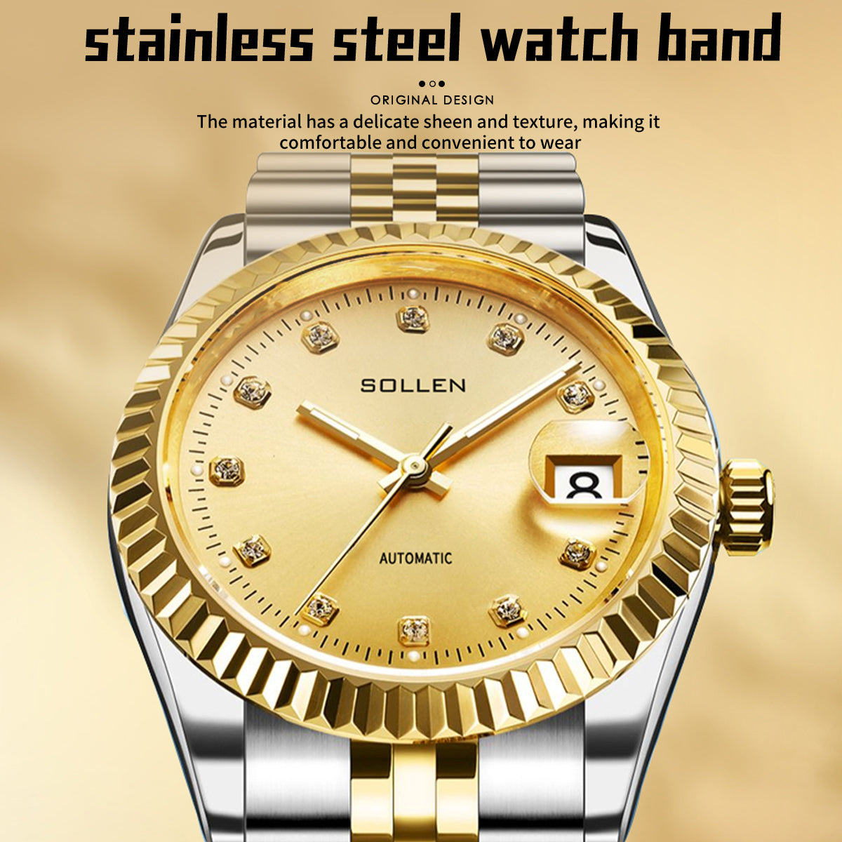 Sollen 9061 Automatic Watch - Men's Classic 36mm Fluted Bezel Cyclops Date 5-Bead Stainless Steel Bracelet Wristwatch
