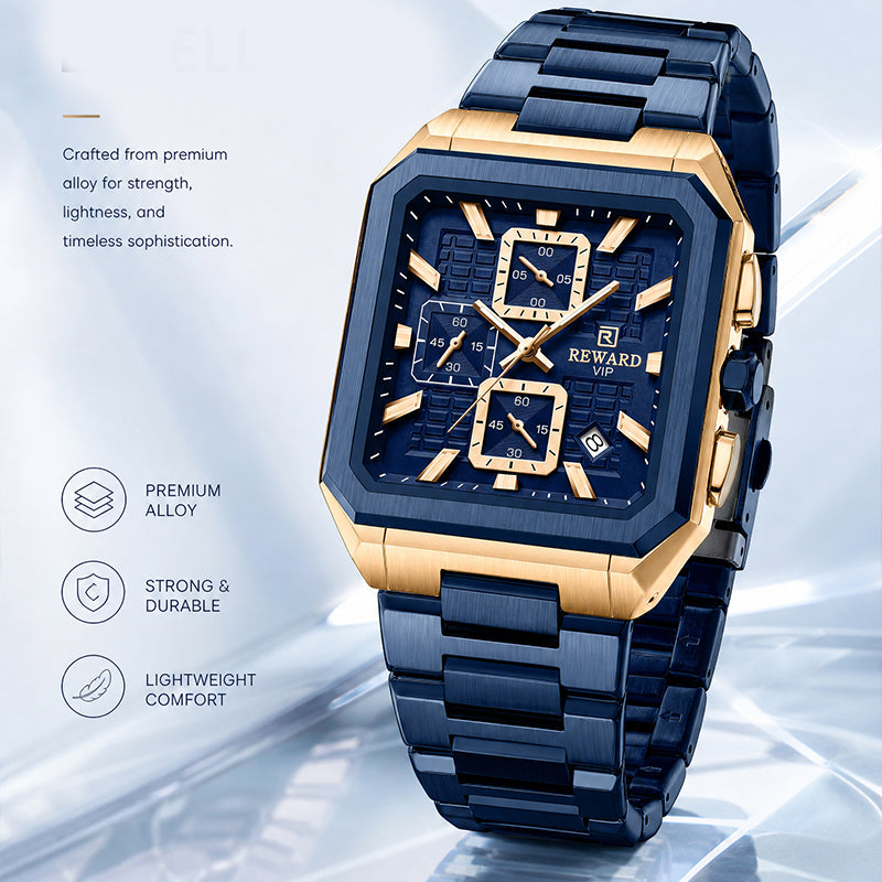 REWARD RD 813149M Quartz Watch - Live Edition Men's Luxury Octagonal Cushion Case Full Chronograph Luminous Hands Date Window Stainless Steel Band Wristwatch