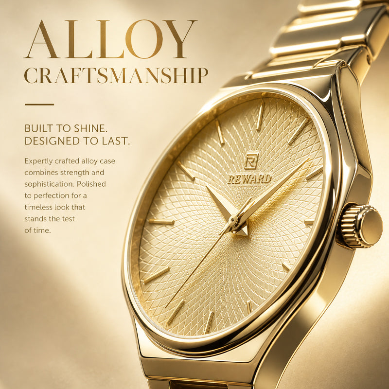 REWARD RD 213032L Quartz Watch - Live Edition Women's Elegant 28mm Full IPG Gold Stainless Steel Band Luminous Hands Sunburst Radial Dial Wristwatch