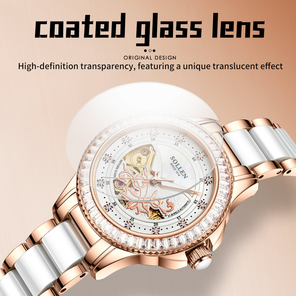 Sollen SL402 Women's Skeleton Automatic Mechanical Watch - 32.5mm Crystal Bezel Mother of Pearl Dial Ceramic Stainless Steel Bracelet Wristwatch