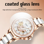 Sollen SL402 Women's Skeleton Automatic Mechanical Watch - 32.5mm Crystal Bezel Mother of Pearl Dial Ceramic Stainless Steel Bracelet Wristwatch