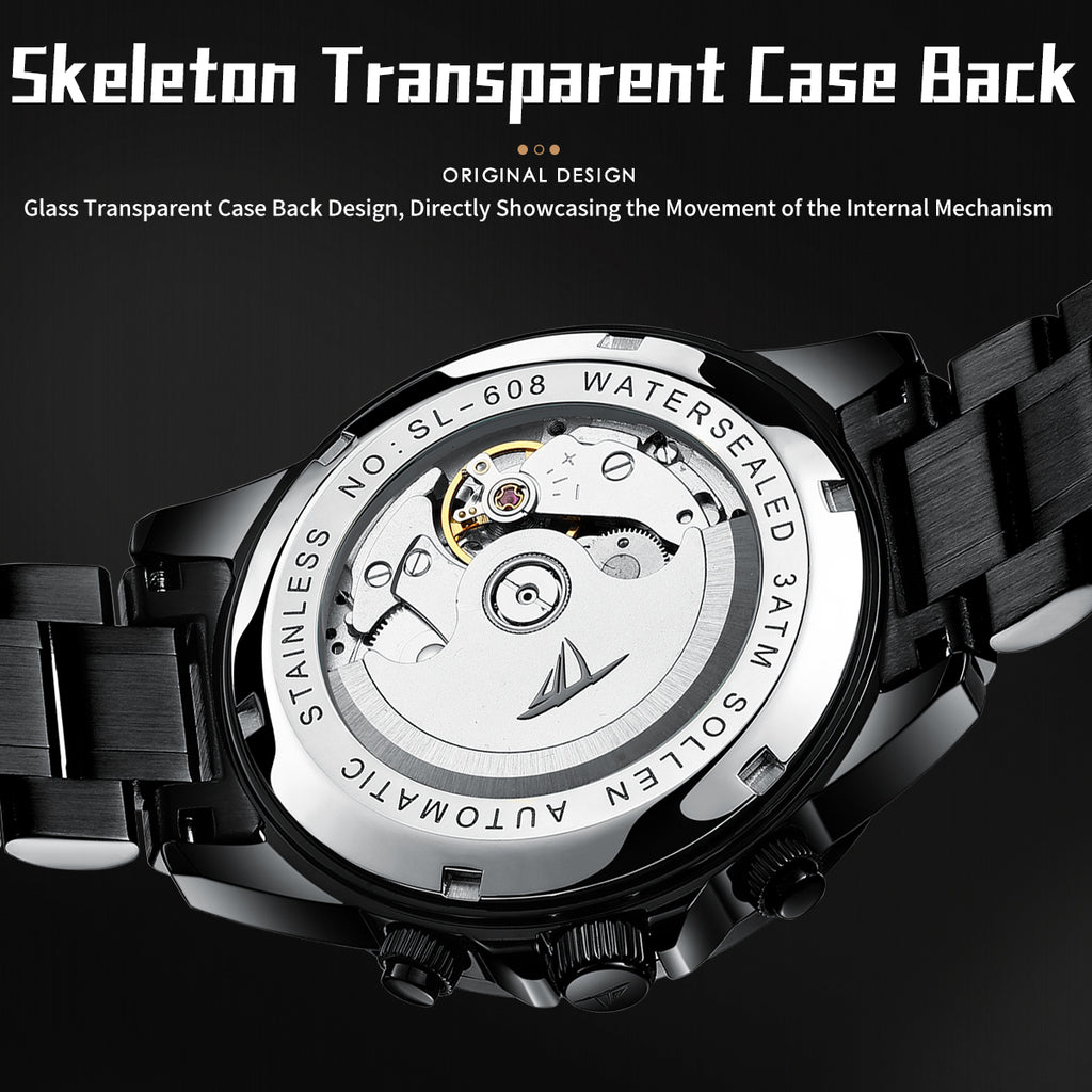 Sollen SL608 Automatic Watch - Men's Multi-Function Moonphase Stainless Steel 5-Bead Bracelet Wristwatch