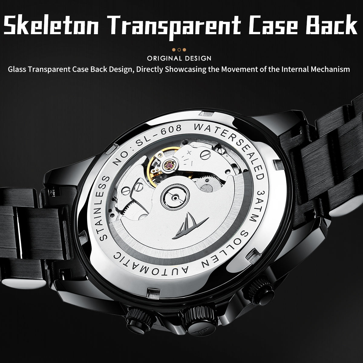 Sollen SL608 Automatic Watch - Men's Multi-Function Moonphase Stainless Steel 5-Bead Bracelet Wristwatch