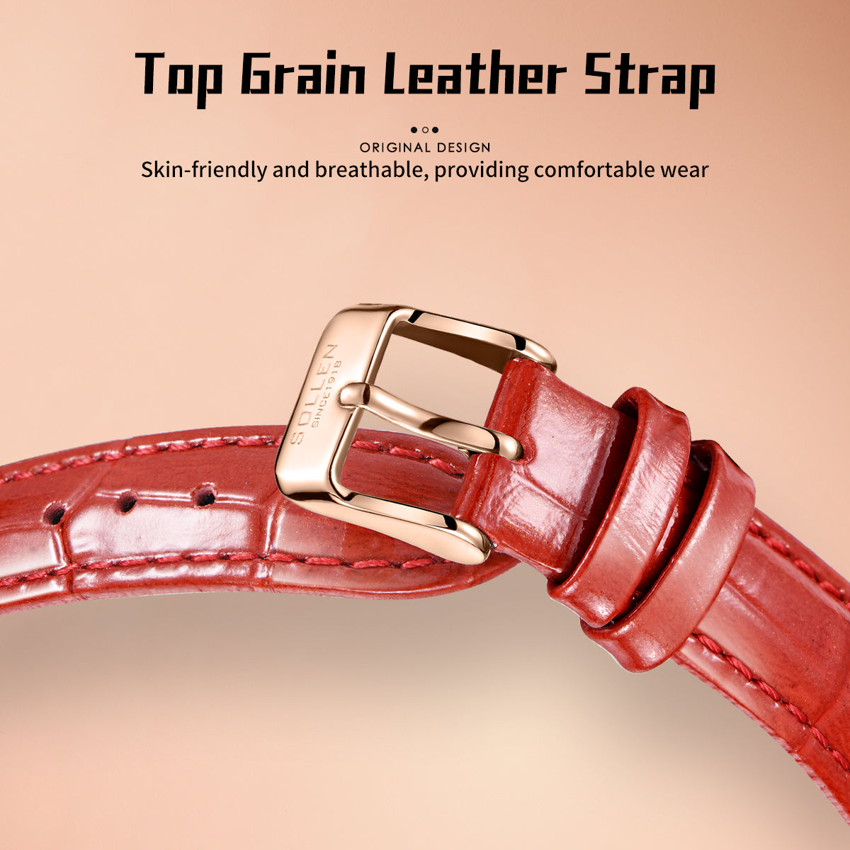 Sollen SL456 Quartz Watch - Women's Genuine Leather Round Wristwatch with Floating Heart Charms