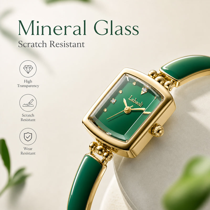 Labaoli LA653 Quartz Watch - Live Edition Women's Elegant 20mm Square Tonneau Case Faceted Diamond-Cut Glass Minimalist Crystal Dial Full IPG Gold Enamel Texture Bangle Bracelet Timepiece