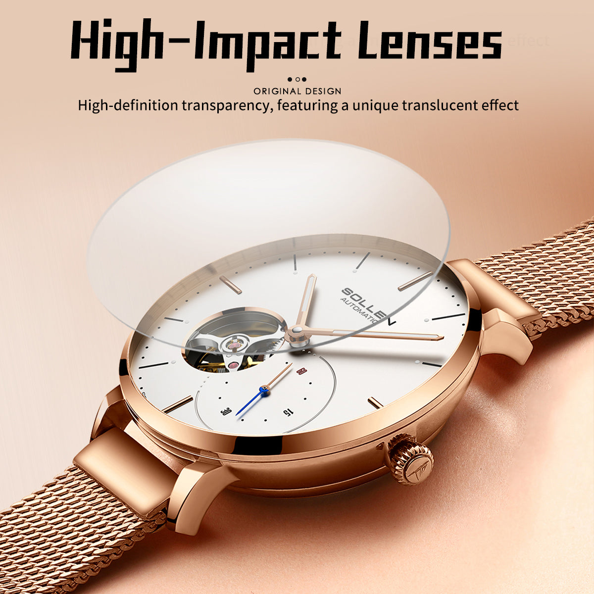 Sollen SL418 Women's Open Heart Automatic Mechanical Watch - 36mm Stainless Steel Case Slim 9.9mm Small Seconds Mesh Bracelet Wristwatch
