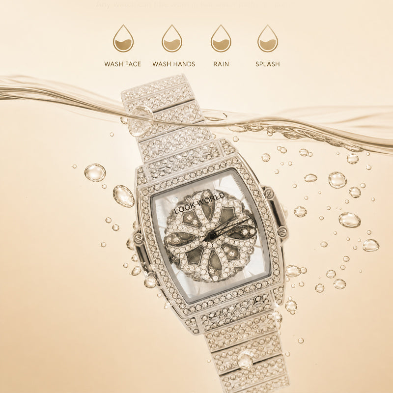 LOOK WORLD RKS267 Live Edition Men's Iced Out Watch - Luxury Full Crystals Encrusted Cushion Case Creative Rotating Spinning Dial Metal Band Hiphop Wristwatch