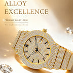 BELBI BELBL-8235 Live Edition Men's Iced Out Watch - Luxury Full Crystals Encrusted Round Case Gold Dial Date Window Stainless Steel Band Hiphop Wristwatch