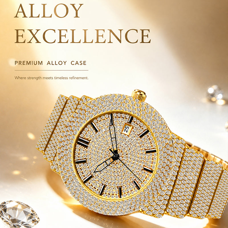 BELBI BELBL-8235 Live Edition Men's Iced Out Watch - Luxury Full Crystals Encrusted Round Case Gold Dial Date Window Stainless Steel Band Hiphop Wristwatch
