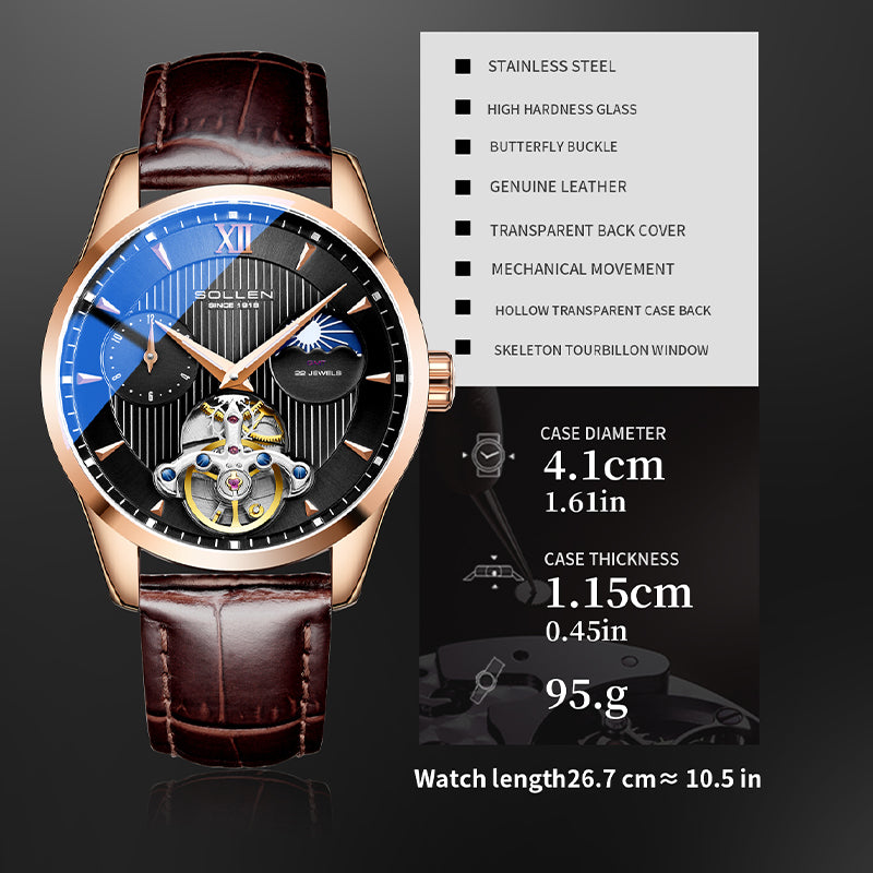 Sollen SL302X Men's Open Heart Automatic Mechanical Watch - 41mm Stainless Steel Case Moon Phase Dual Time Leather Strap Wristwatch