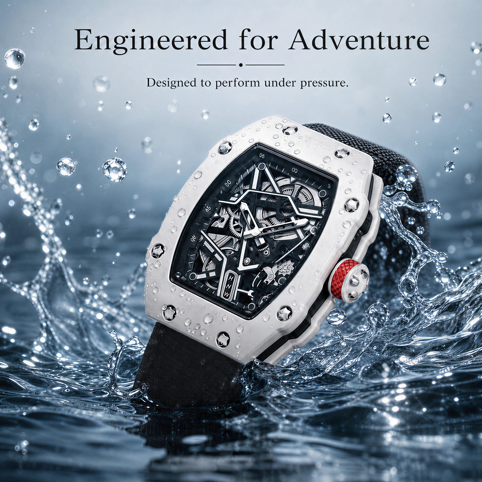 JEMSDUN JSD915 Live Edition Unisex High-Street Tonneau Quartz Watch - 38x48mm Carbon Pattern Case Mechanical Skeleton Dial Hook-and-Loop Nylon Strap Wristwatch