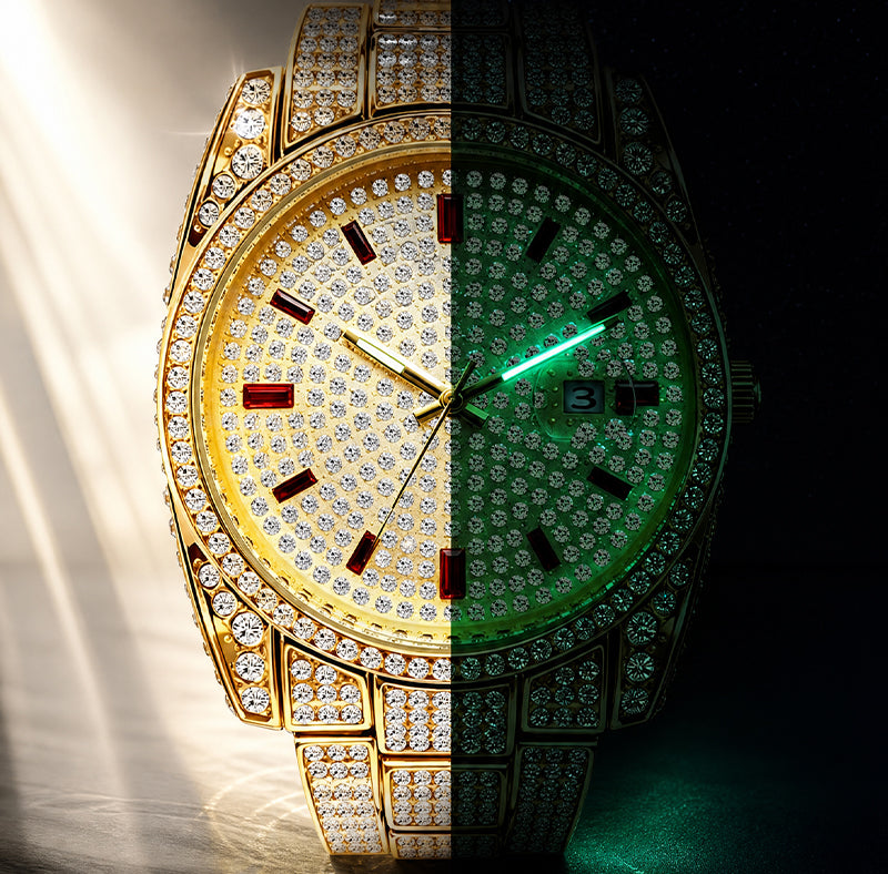 BELBI BELBL-8137 Live Edition Men's Iced Out Watch - Luxury Full Crystals Encrusted Round Case Pave Dial Ruby Red Indices 3H Date Metal Band Hiphop Wristwatch