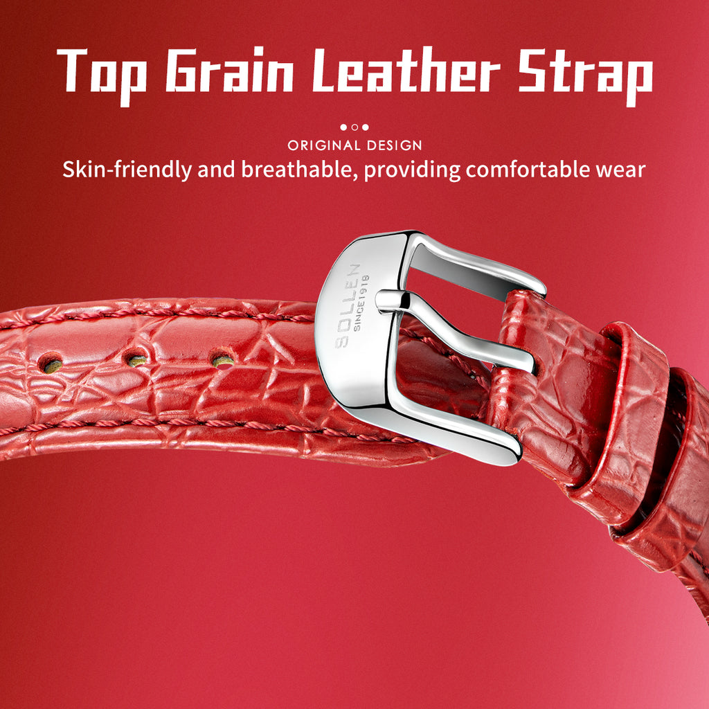 Sollen SL430 Women's Tonneau Quartz Watch - 28x32mm Full Pave Crystal Dial Iced Out Leather Strap Wristwatch