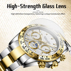 Sollen SL808 Multi-Function Watch - Men's Moonphase Sunray Dial Luminous Markers 3-Bead Stainless Steel Bracelet Wristwatch