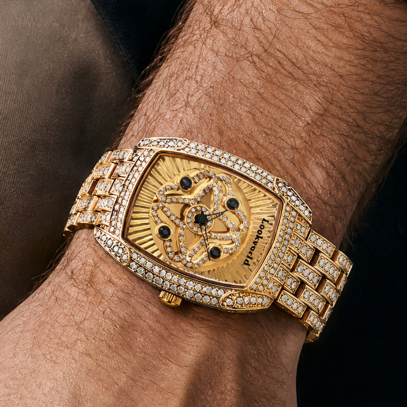 LOOK WORLD RKS1032 Live Edition Men's Iced Out Watch - Luxury Full Crystals Encrusted Tonneau Case Creative Spinning Kinetic Dial Metal Band Hiphop Wristwatch