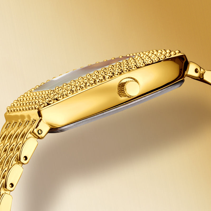 LX1023 Quartz Watch - Live Edition Unisex Luxury 41mm Tonneau Arched Bridge Glass Mirror Pavé Crystal Texture Gold Case Sunburst Dial Luminous Hands Steel Link Bracelet Wristwatch