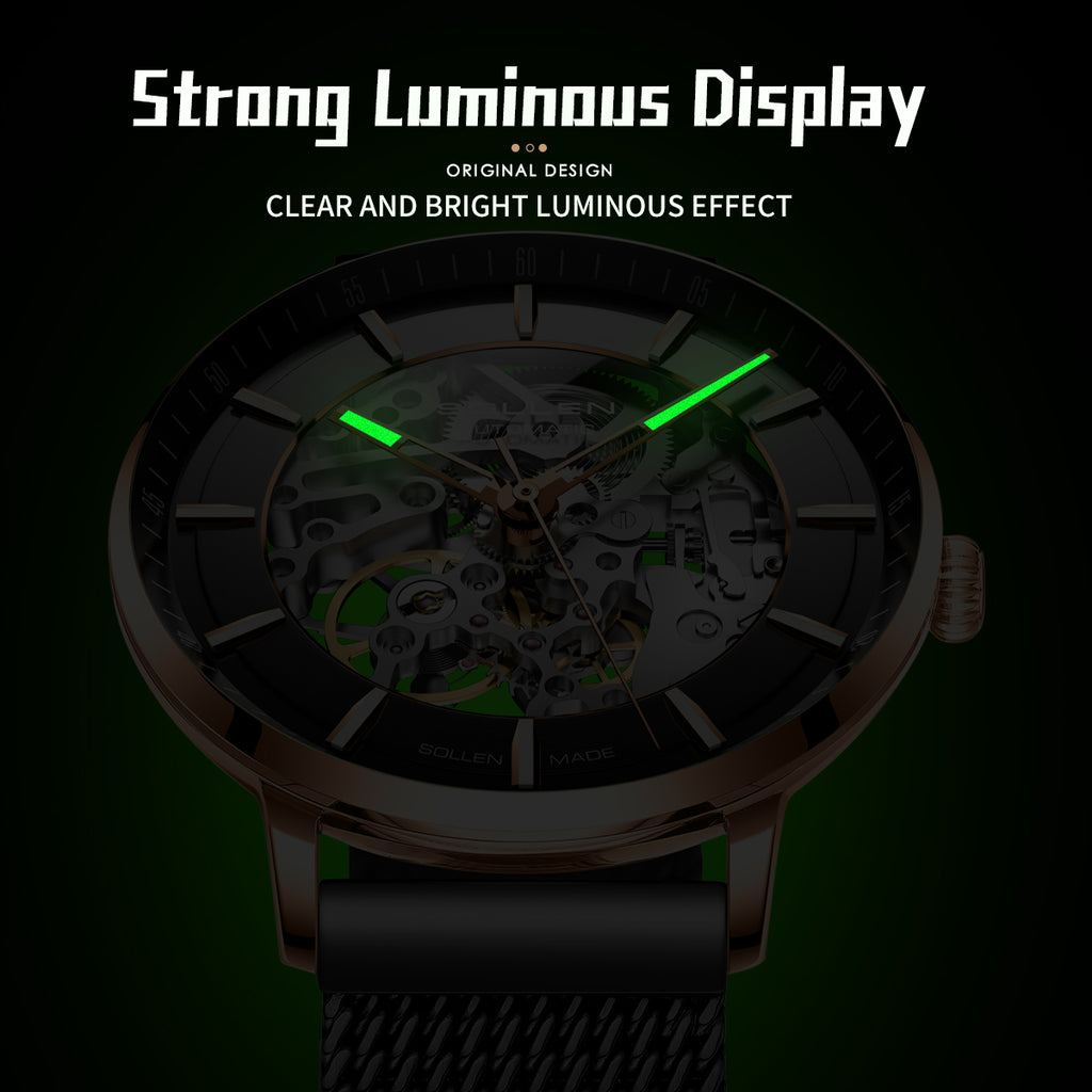 Sollen SL359 Men's Open Heart Full Skeleton Automatic Mechanical Watch - 42mm Stainless Steel Case Slim 9.9mm Luminous Markers Mesh Bracelet Wristwatch