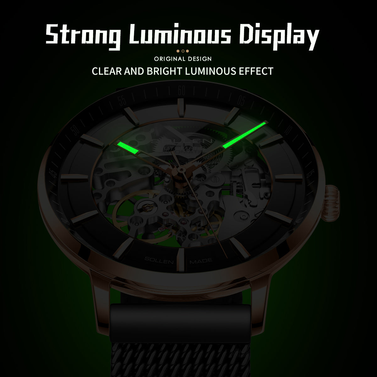Sollen SL359 Men's Open Heart Full Skeleton Automatic Mechanical Watch - 42mm Stainless Steel Case Slim 9.9mm Luminous Markers Mesh Bracelet Wristwatch