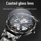 Sollen SL207 Men's Slim Quartz Watch - 39mm Faceted Ceramic & Stainless Steel Case Open Skeleton Dial Bracelet Wristwatch