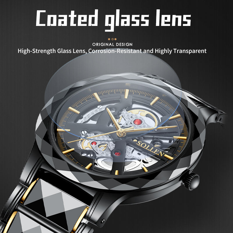 Sollen SL207 Men's Slim Quartz Watch - 39mm Faceted Ceramic & Stainless Steel Case Open Skeleton Dial Bracelet Wristwatch