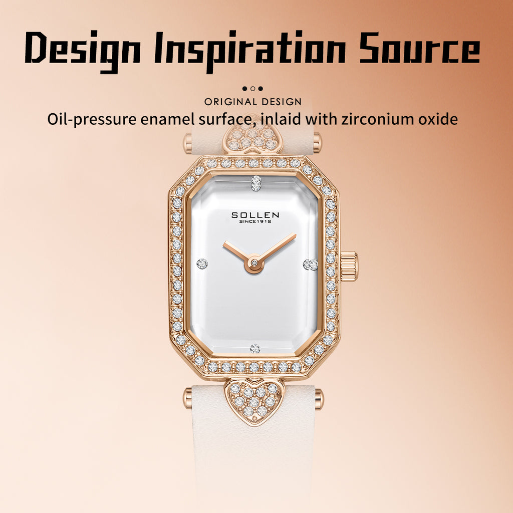 Sollen SL426 Women's Tank Quartz Watch - 20x26mm Slim 7mm Crystal Bezel Swarovski Zirconia Genuine Leather Strap Wristwatch