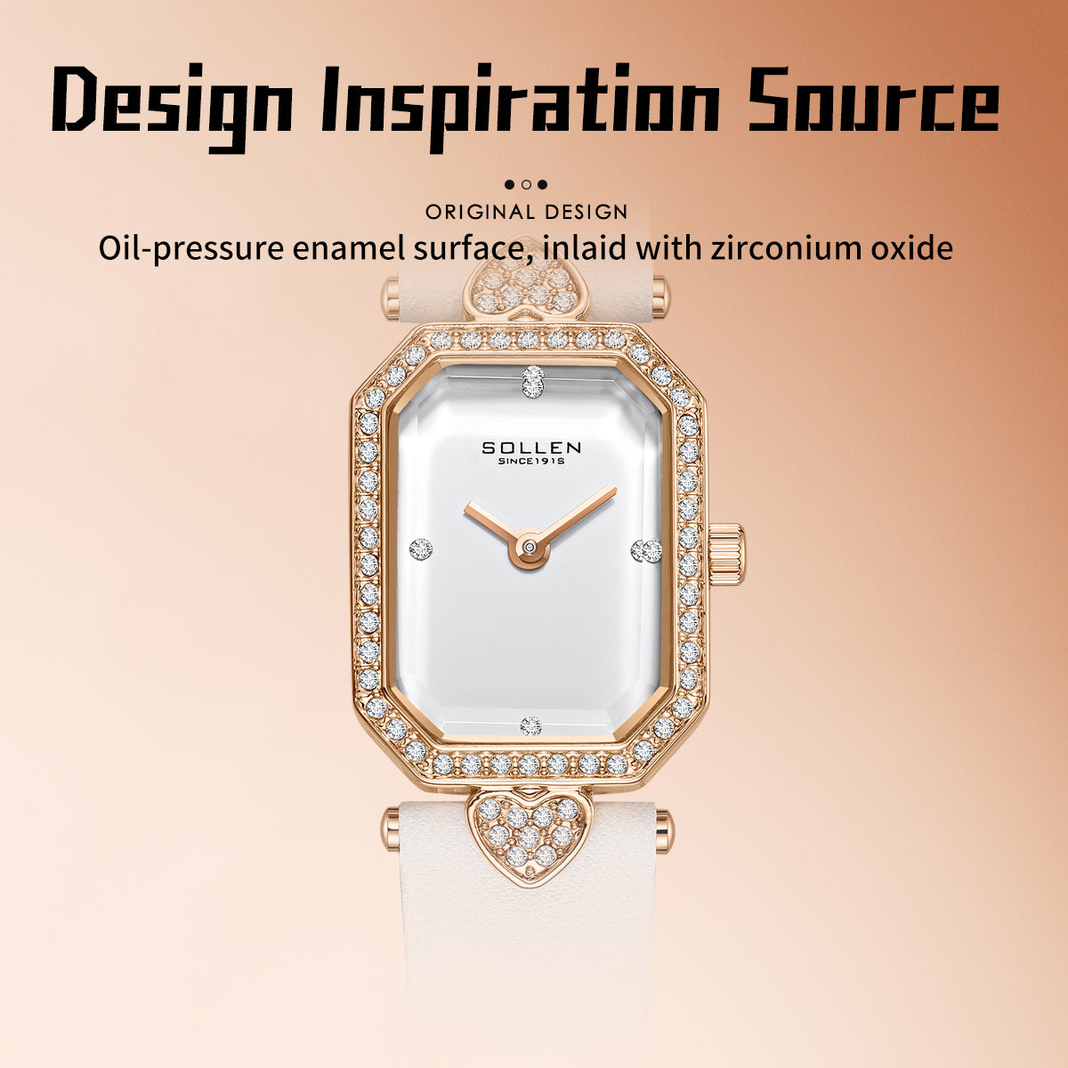 Sollen SL426 Women's Tank Quartz Watch - 20x26mm Slim 7mm Crystal Bezel Swarovski Zirconia Genuine Leather Strap Wristwatch