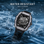 JEMSDUN JSD2406 Live Edition Men's High-Street Quartz Watch - 51x44mm Silver Case Baguette Crystal Bezel Mechanical Skeleton Dial Silicone Strap Wristwatch