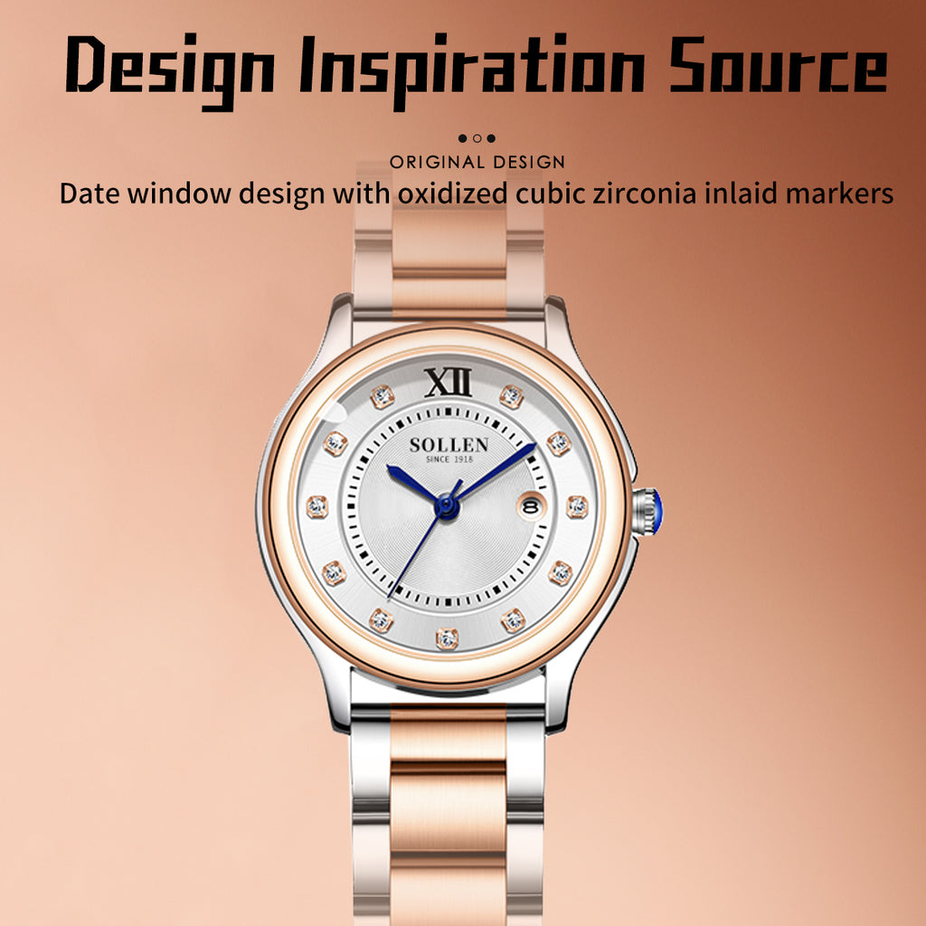 Sollen SL469 Women's Quartz Watch - 33mm Dial 11 Zirconia Markers Blue Sword Hands Two-Tone Stainless Steel Bracelet Wristwatch