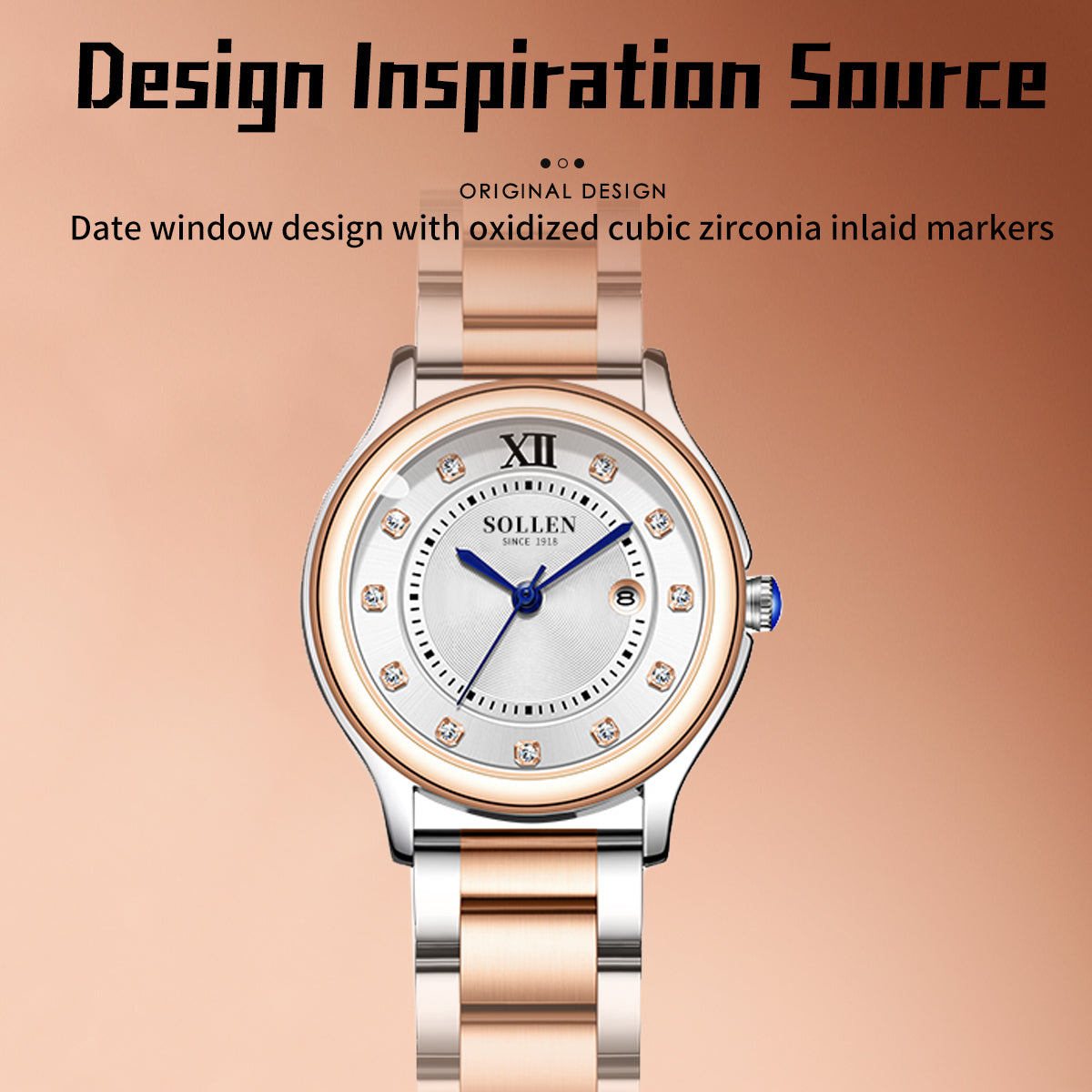Sollen SL469 Women's Quartz Watch - 33mm Dial 11 Zirconia Markers Blue Sword Hands Two-Tone Stainless Steel Bracelet Wristwatch