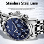 Sollen SL801 Chronograph Watch - Men's Multi-Function Moonphase Sunburst Dial 7-Bead Stainless Steel Bracelet Wristwatch