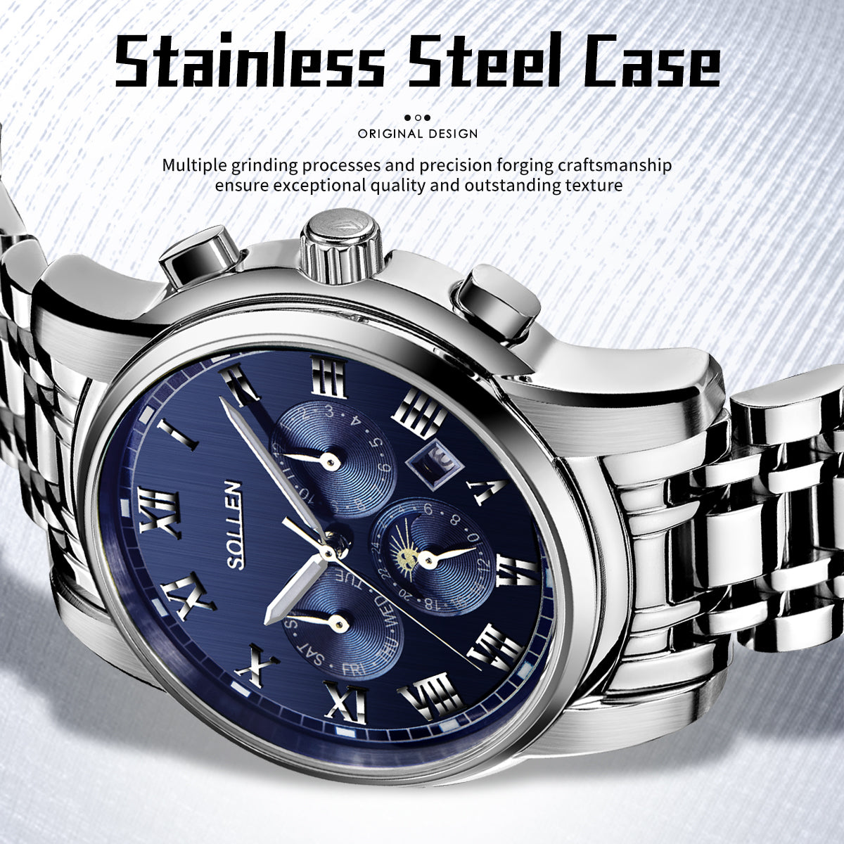 Sollen SL801 Chronograph Watch - Men's Multi-Function Moonphase Sunburst Dial 7-Bead Stainless Steel Bracelet Wristwatch
