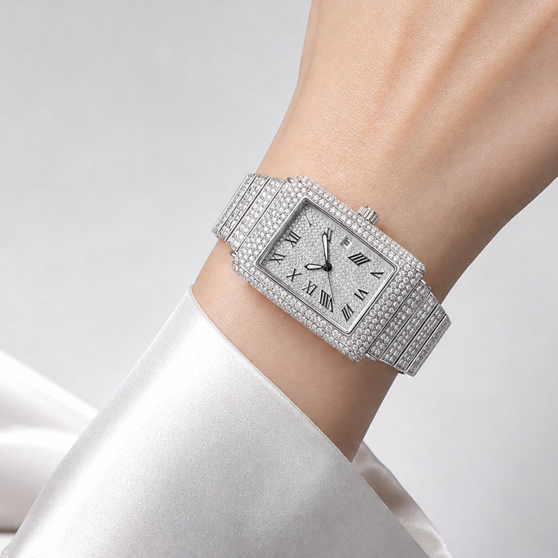 KDW KDW8315L Quartz Watch - Live Edition Women's Luxury 46mm Full Iced-Out Crystal Pavé Square Case Roman Numeral Day-Date Luminous Hands Fully Encrusted Link Bracelet Wristwatch