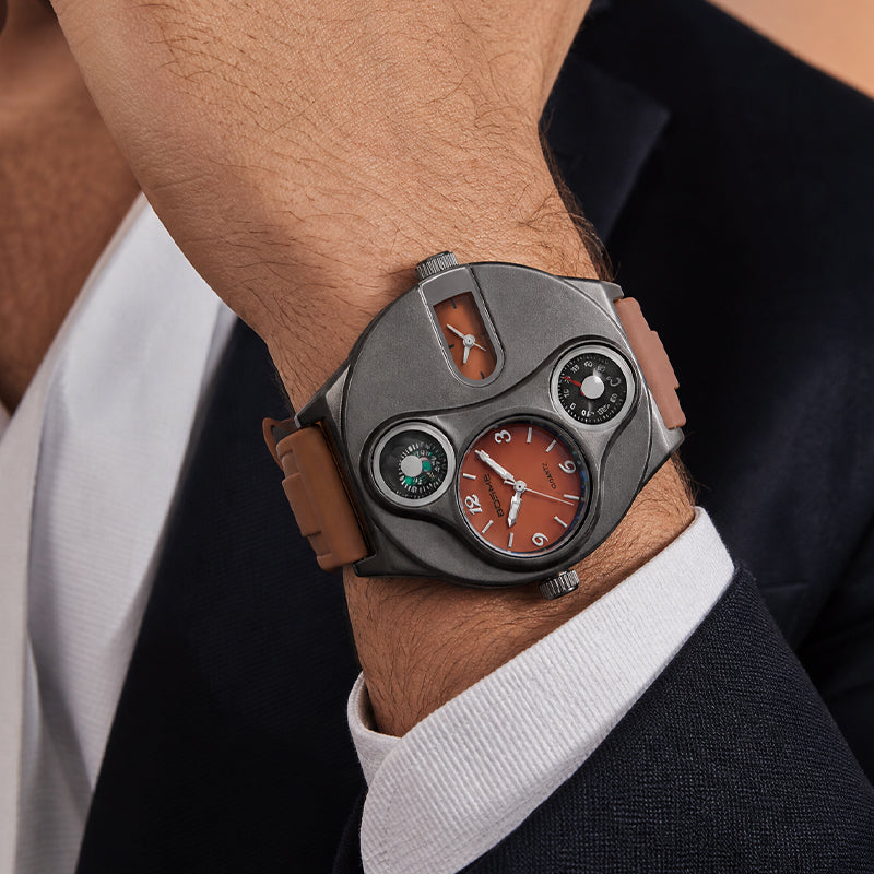 BOSME HP9167 Quartz Watch - Live Edition Men's Heavy Steampunk Dual Time Zone Industrial Black Case Luminous Hands Compass Silicone Strap Tactical Wristwatch