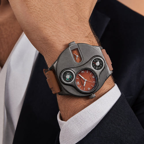 BOSME HP9167 Quartz Watch - Live Edition Men's Heavy Steampunk Dual Time Zone Industrial Black Case Luminous Hands Compass Silicone Strap Tactical Wristwatch