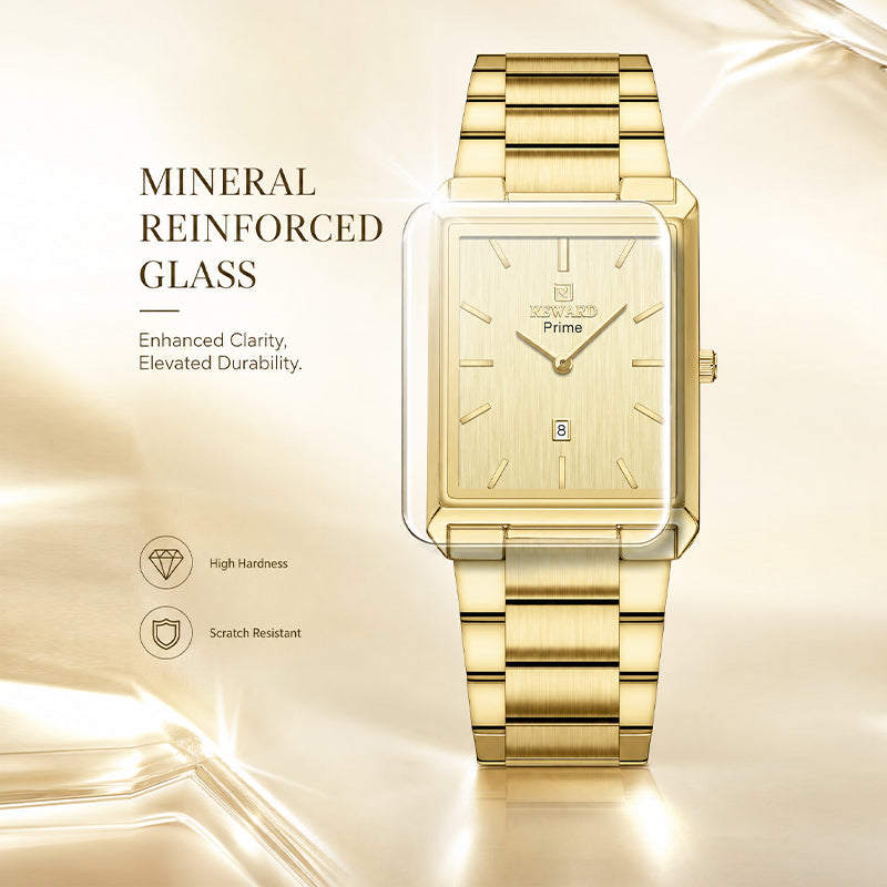 REWARD RD 613568M Quartz Watch - Live Edition Men's Classic Square Full IPG Gold Stainless Steel Band Ultra-Slim 8.5mm Case 6H Date Brushed Dial Wristwatch