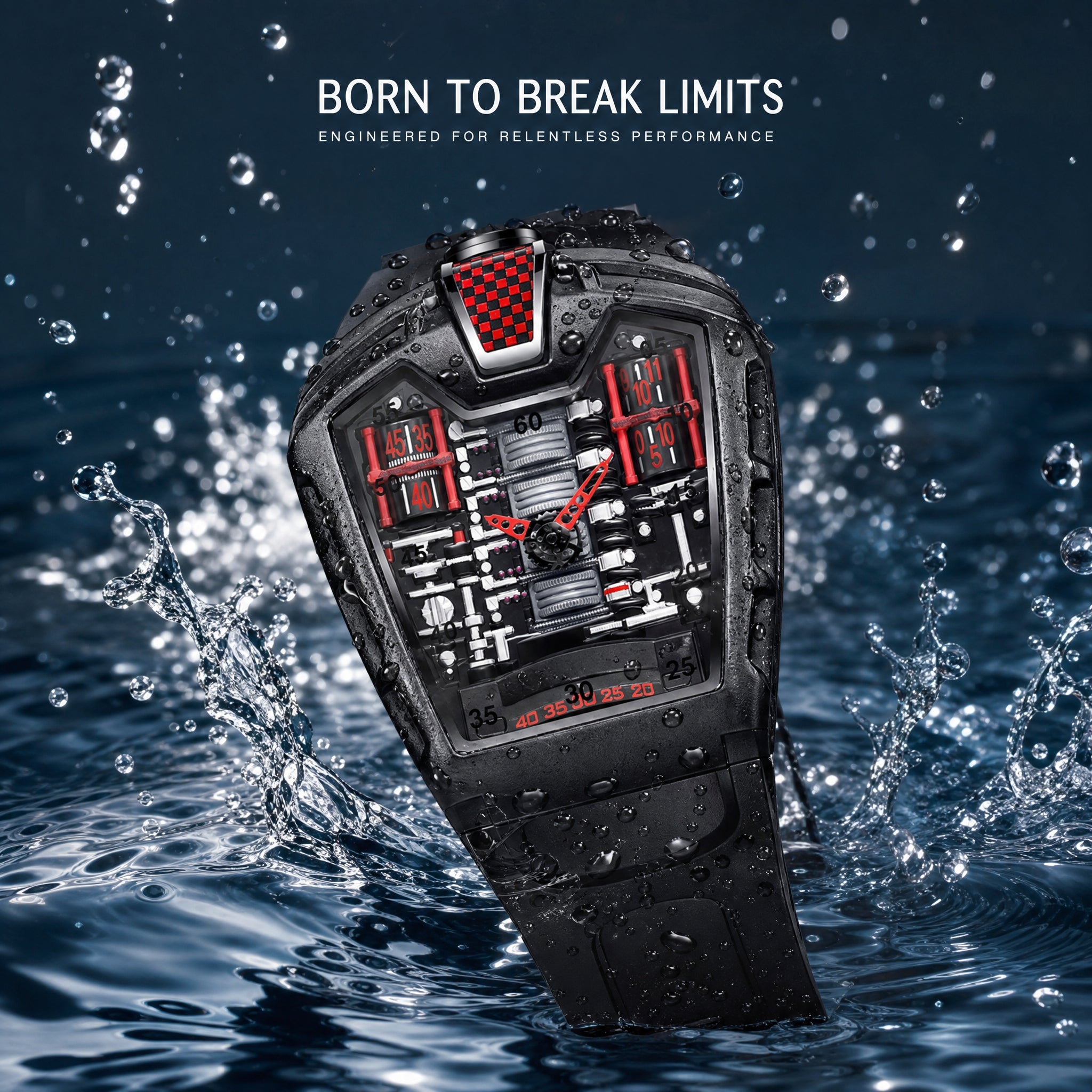 JEMSDUN JSD724 Live Edition Men's Futuristic Racing Engine Quartz Watch - 50x43mm Rose Gold Case V8 Engine Cylinder Dial Bullhead Crown Silicone Strap Wristwatch