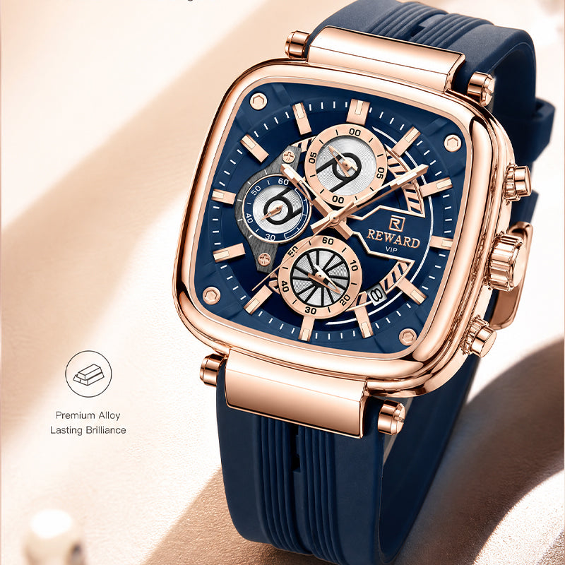 REWARD RD 831509M Quartz Watch - Live Edition Men's Luxury Cushion Case Full Chronograph Luminous Hands Date Window Sport Silicone Strap Wristwatch