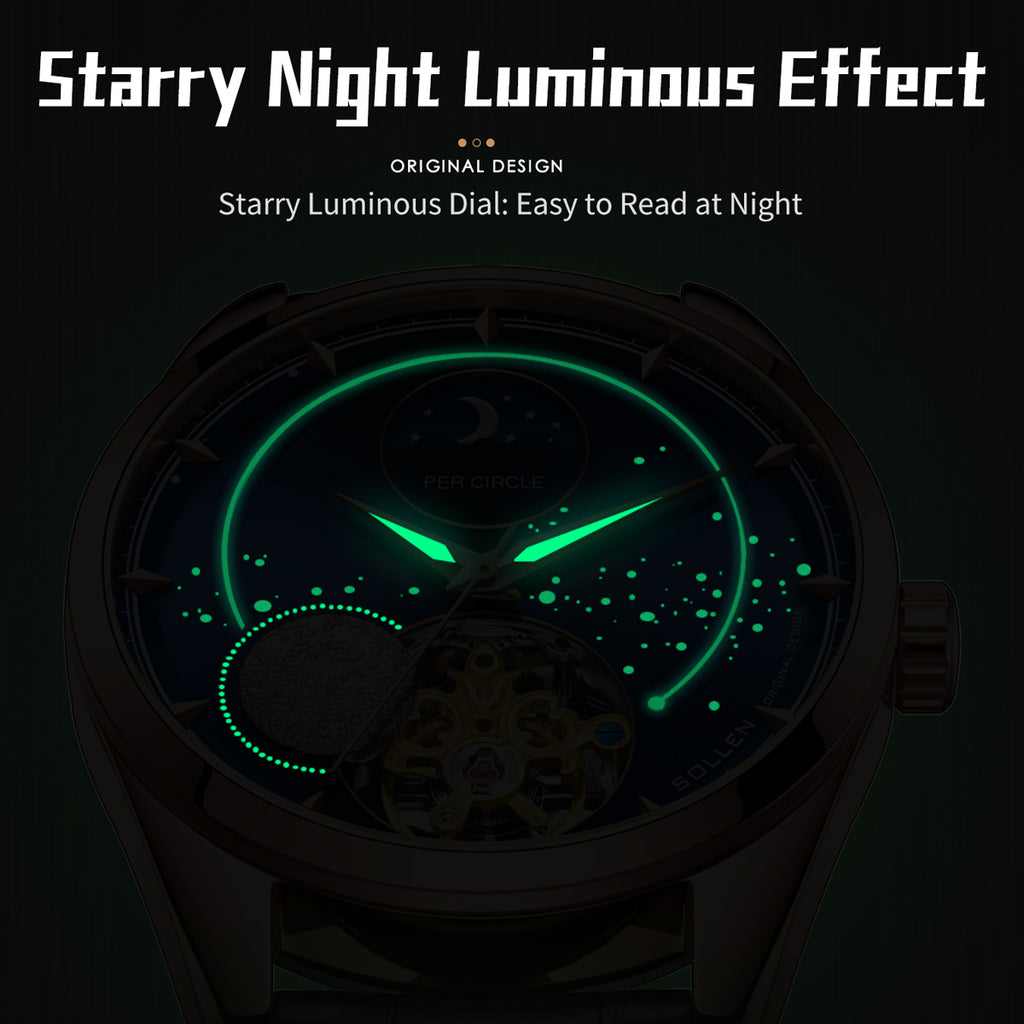 Sollen SL329 Men's Open Heart Automatic Mechanical Watch - 41mm Stainless Steel Case Moon Phase Celestial Dial Leather Strap Wristwatch
