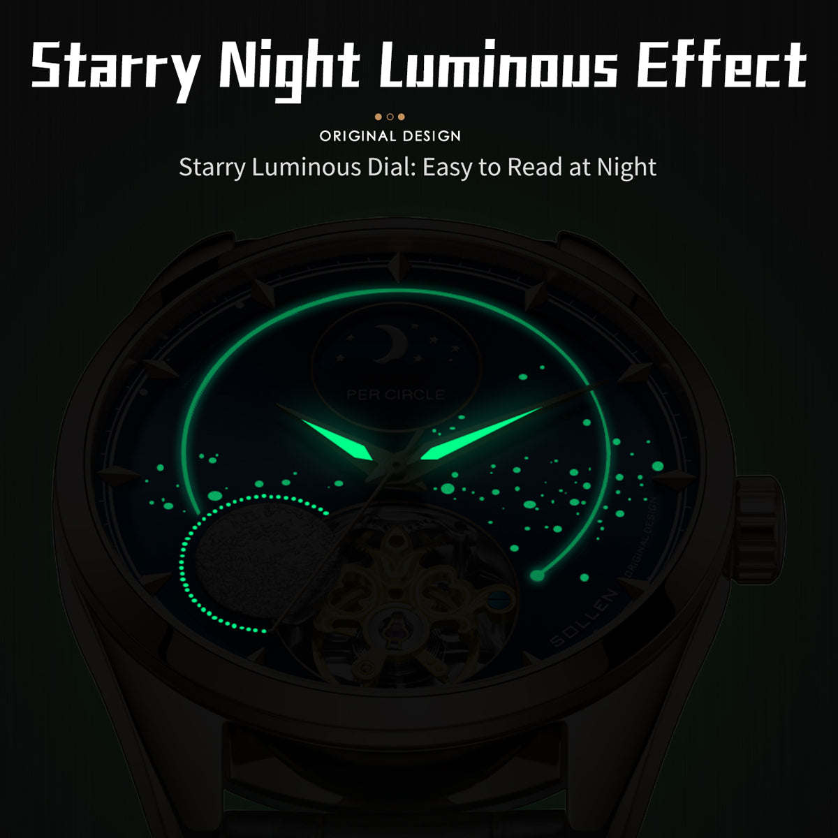 Sollen SL329 Men's Open Heart Automatic Mechanical Watch - 41mm Stainless Steel Case Sapphire Crystal Moon Phase Celestial Dial Bracelet Wristwatch