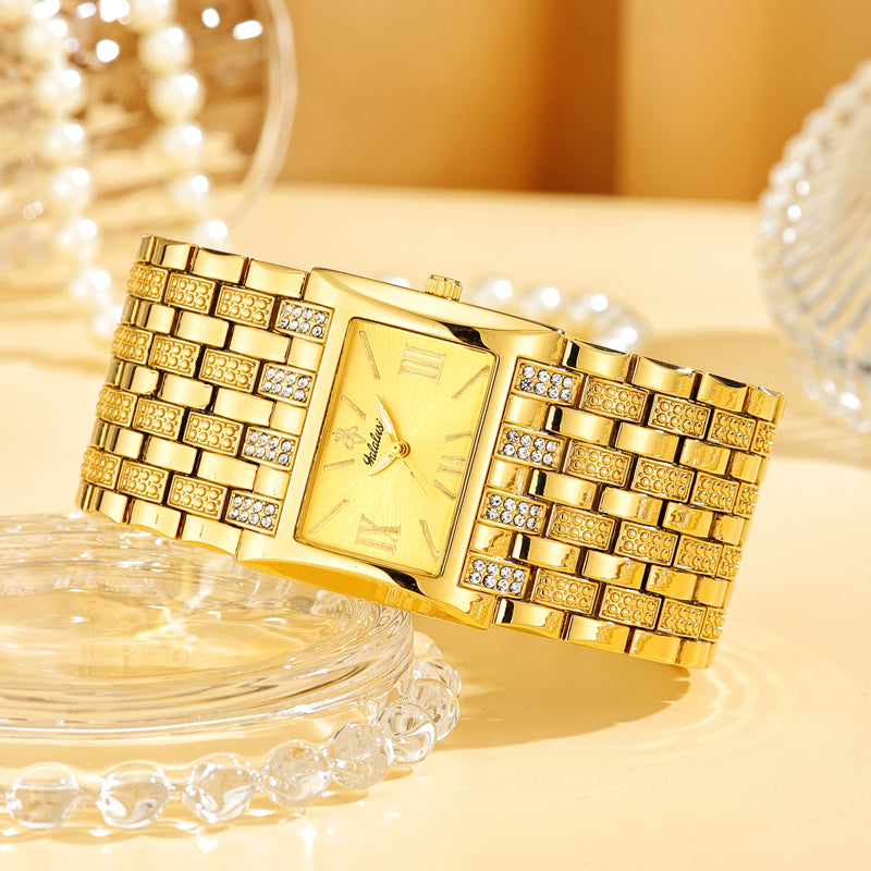 LX1044 Quartz Watch - Live Edition Luxury Horizontal Rectangular Gold Case Dual-Row Crystal Accent Bezel 31mm Wide Link Bracelet Wristwatch