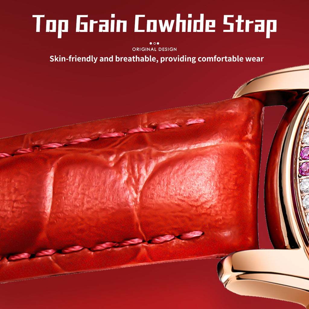 Sollen SL408 Women's Dandelion Skeleton Automatic Watch - 35mm Crystal Bezel Mother of Pearl Dial Leather Strap Wristwatch